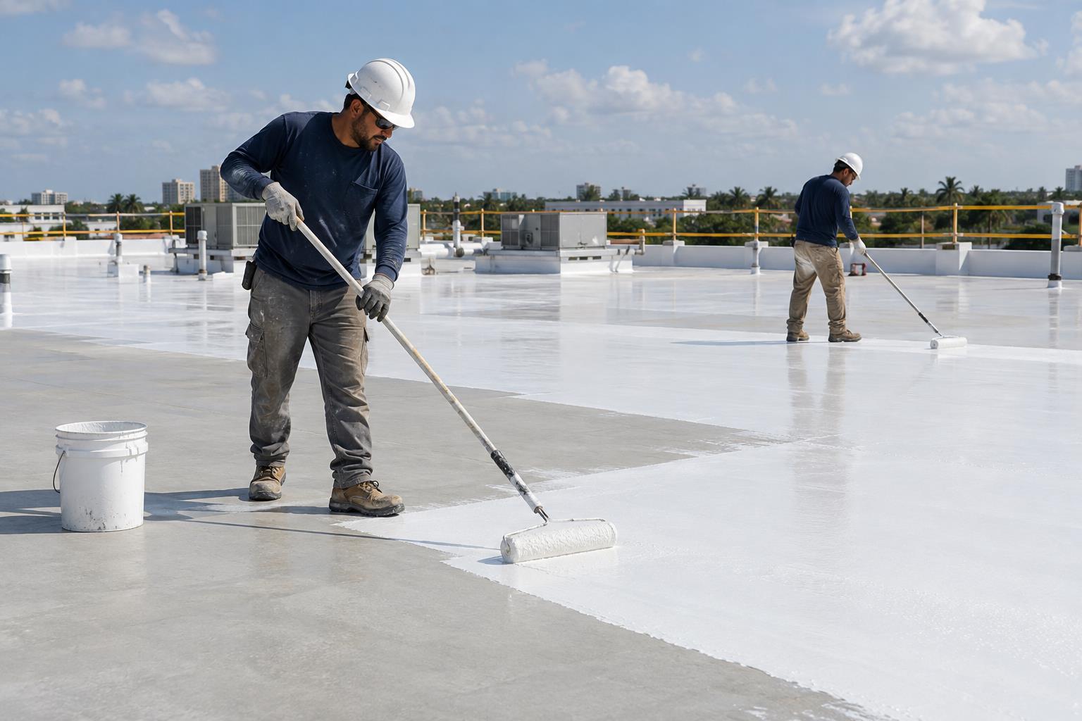Commercial roofing crew applying a reflective roof coating